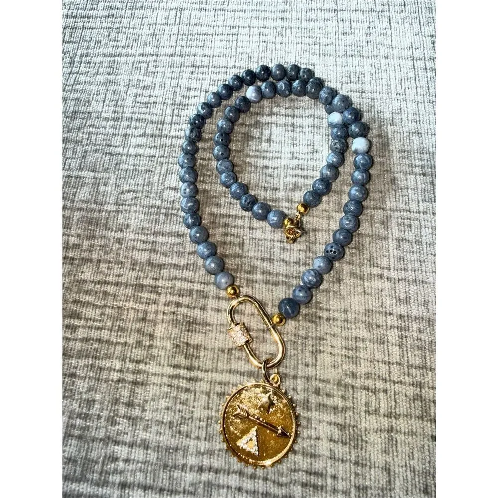 Gold Coin Pendant Necklace with Gray Beads